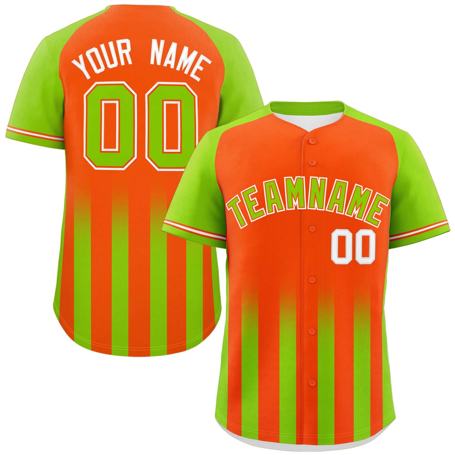 Custom Orange Neon Green Raglan Sleeves Gradient Thick Stripe Authentic Baseball Jersey