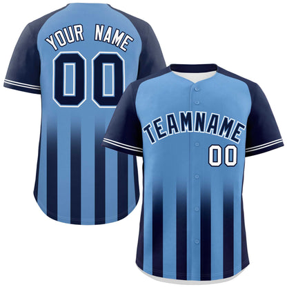 Custom Light Blue Navy Raglan Sleeves Gradient Thick Stripe Authentic Baseball Jersey