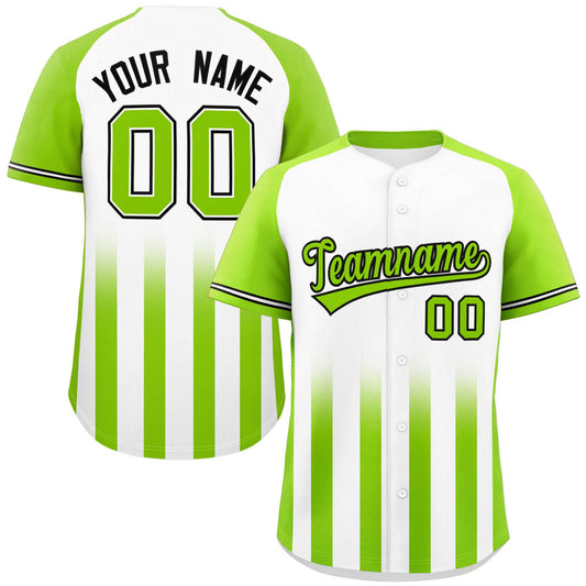 Custom White Neon Green Raglan Sleeves Gradient Thick Stripe Authentic Baseball Jersey