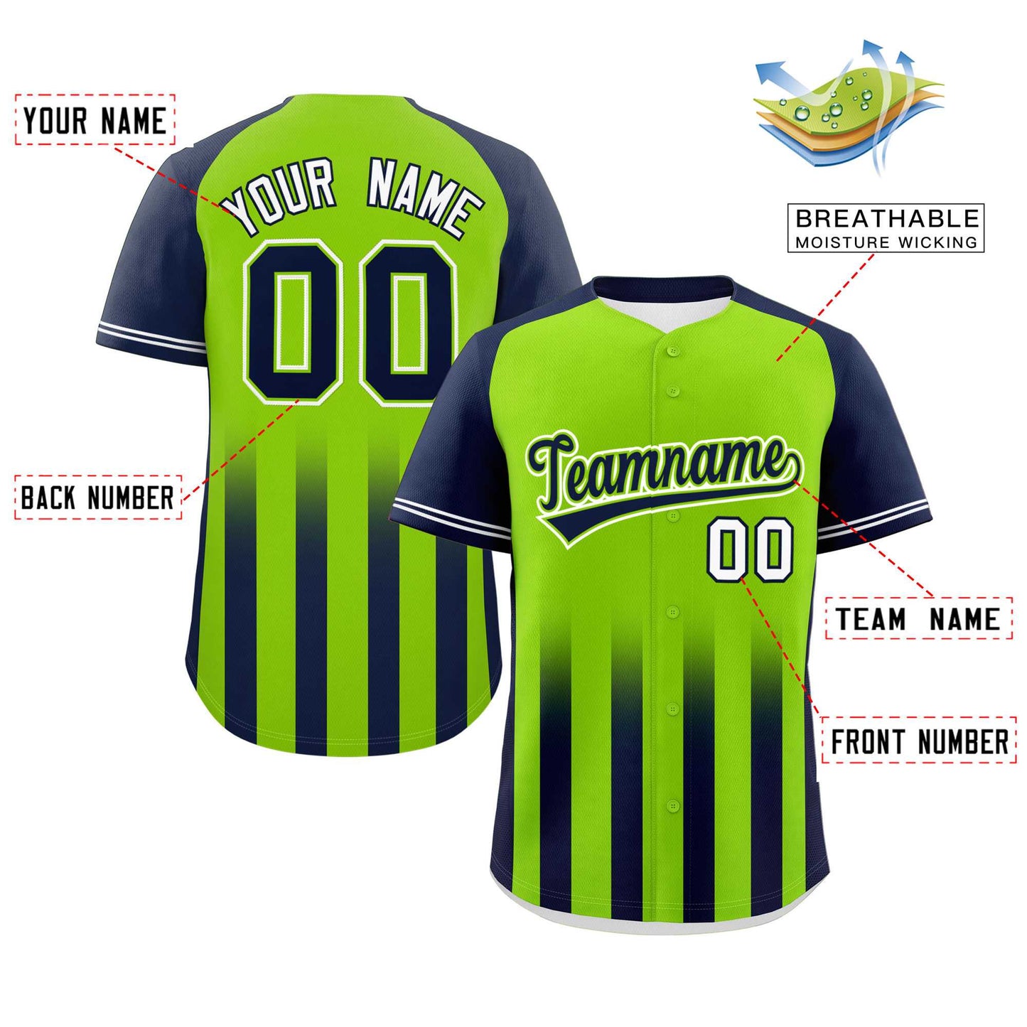 Custom Neon Green Navy Raglan Sleeves Gradient Thick Stripe Authentic Baseball Jersey