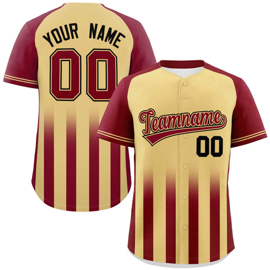 Custom Khaki Crimson Raglan Sleeves Gradient Thick Stripe Authentic Baseball Jersey