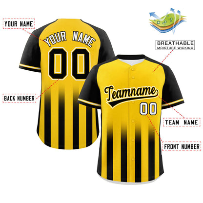 Custom Gold Black Raglan Sleeves Gradient Thick Stripe Authentic Baseball Jersey