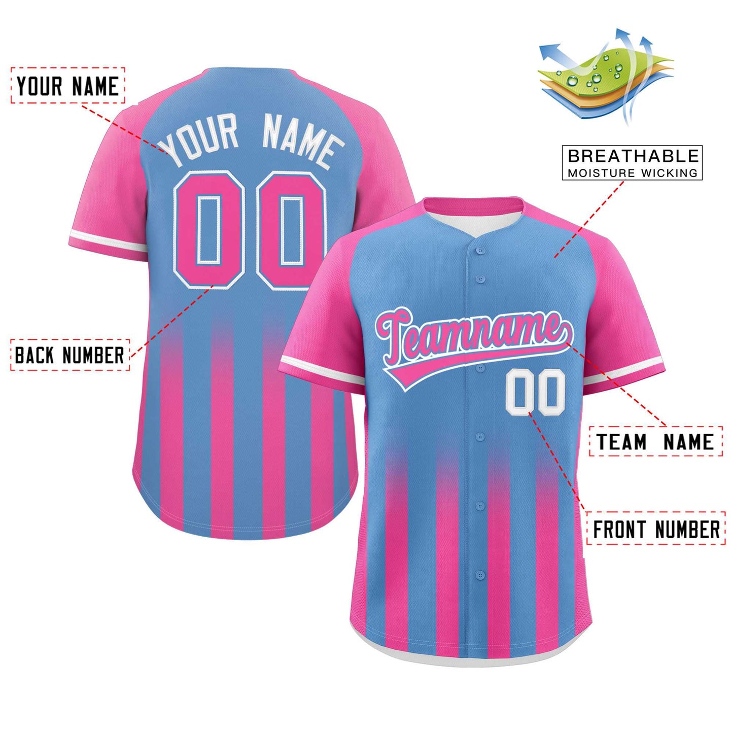 Custom Light Blue Pink Raglan Sleeves Gradient Thick Stripe Authentic Baseball Jersey