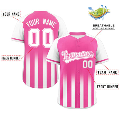 Custom Pink White Raglan Sleeves Gradient Thick Stripe Authentic Baseball Jersey