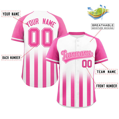 Custom White Pink Raglan Sleeves Gradient Thick Stripe Authentic Baseball Jersey