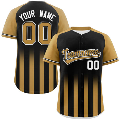 Custom Black Old Gold Raglan Sleeves Gradient Thick Stripe Authentic Baseball Jersey