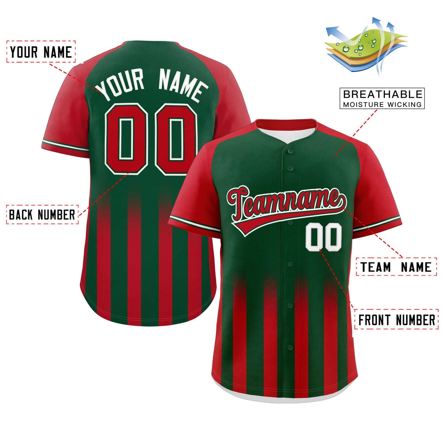 Custom Green Red Raglan Sleeves Gradient Thick Stripe Authentic Baseball Jersey