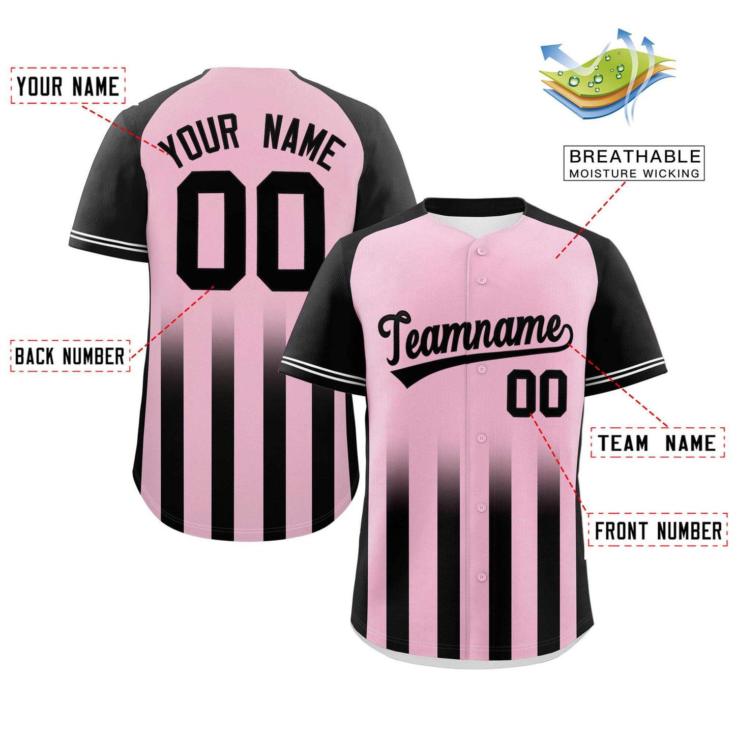 Custom Light Pink Black Raglan Sleeves Gradient Thick Stripe Authentic Baseball Jersey