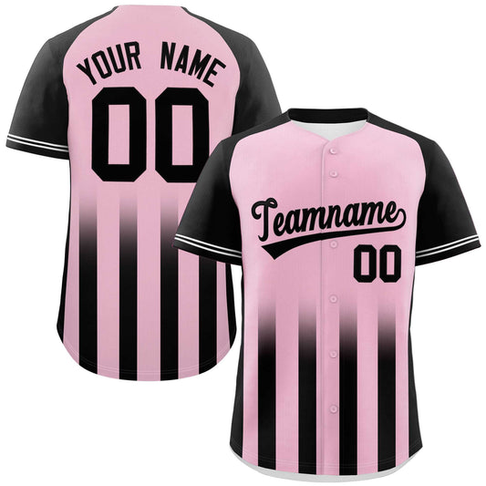 Custom Light Pink Black Raglan Sleeves Gradient Thick Stripe Authentic Baseball Jersey