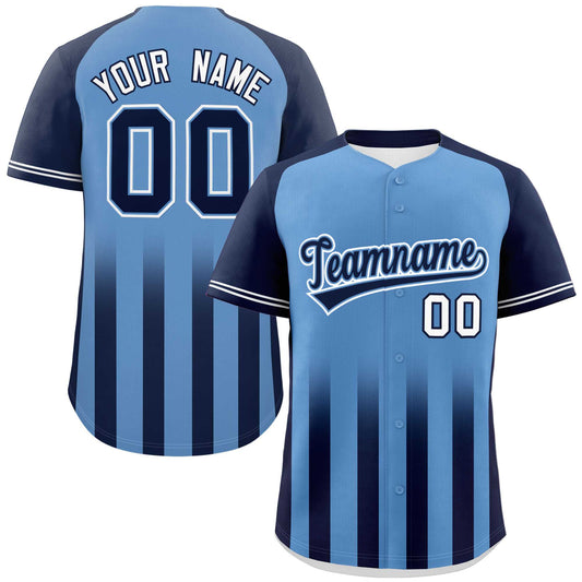 Custom Light Blue Navy Raglan Sleeves Gradient Thick Stripe Authentic Baseball Jersey