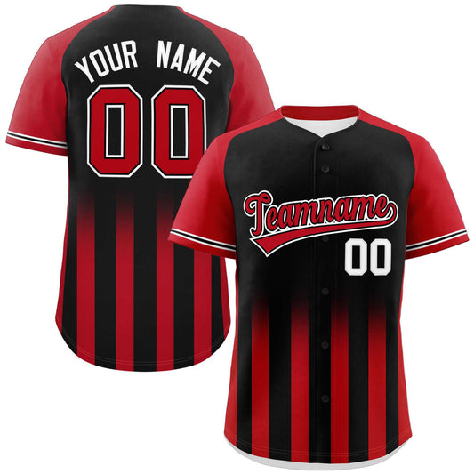 Custom Black Red Raglan Sleeves Gradient Thick Stripe Authentic Baseball Jersey