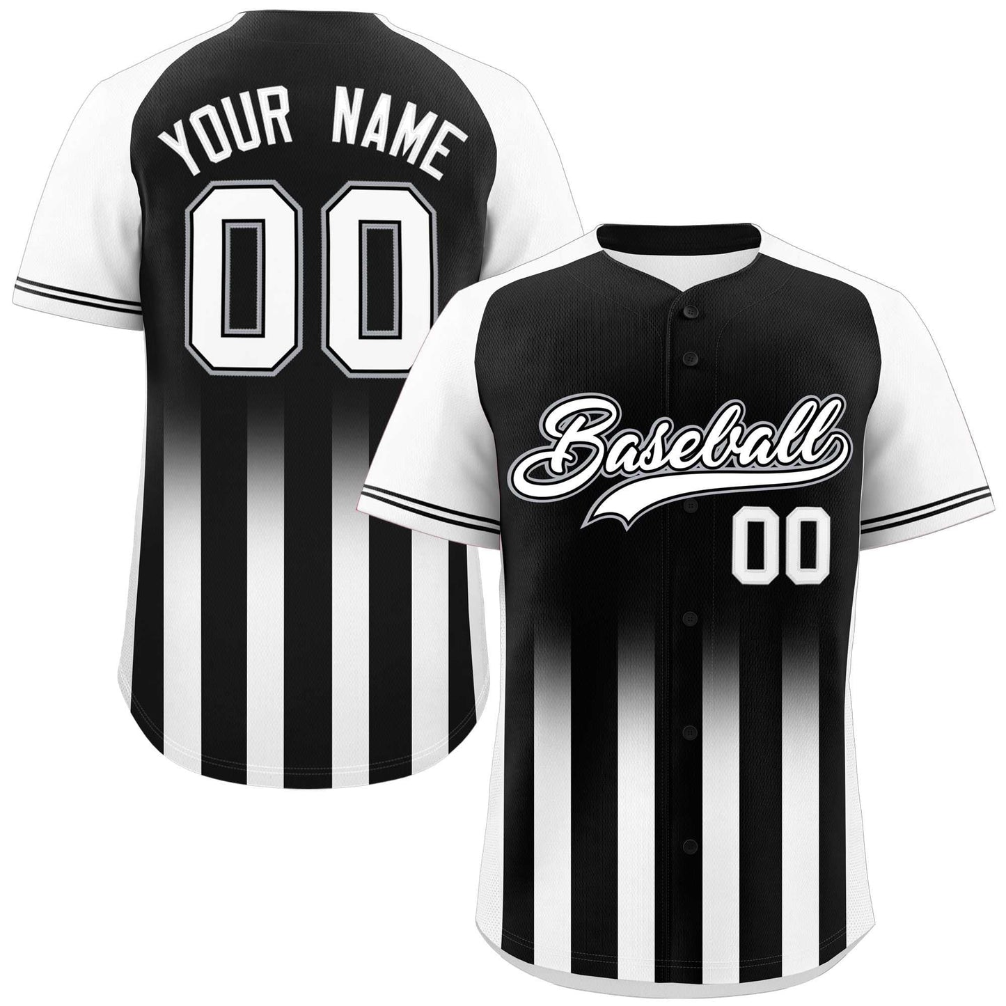 Custom Black White Raglan Sleeves Gradient Thick Stripe Authentic Baseball Jersey