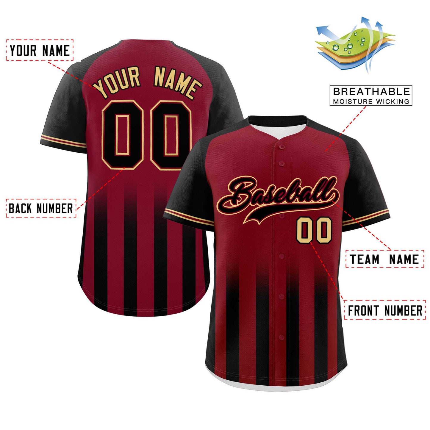 Custom Crimson Black Raglan Sleeves Gradient Thick Stripe Authentic Baseball Jersey