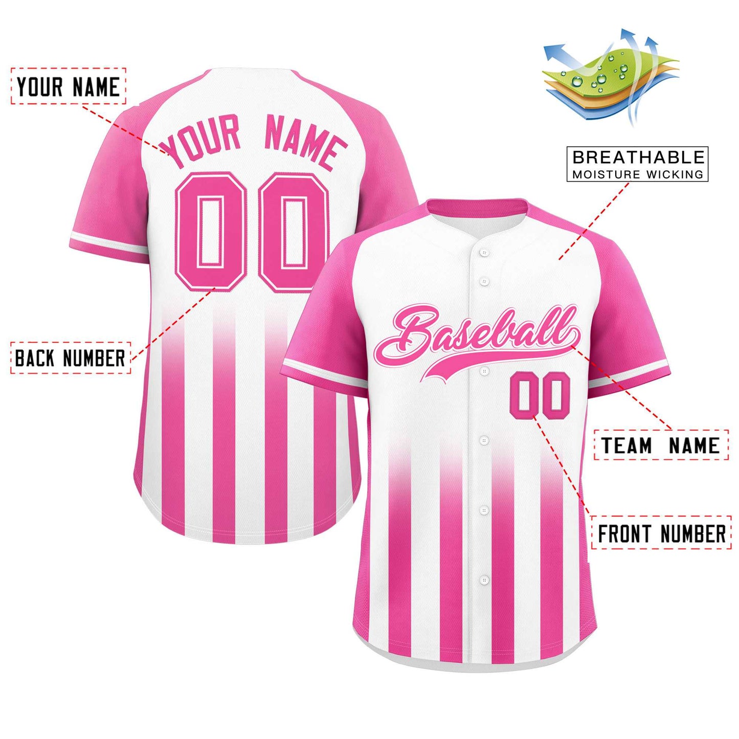 Custom White Pink Raglan Sleeves Gradient Thick Stripe Authentic Baseball Jersey