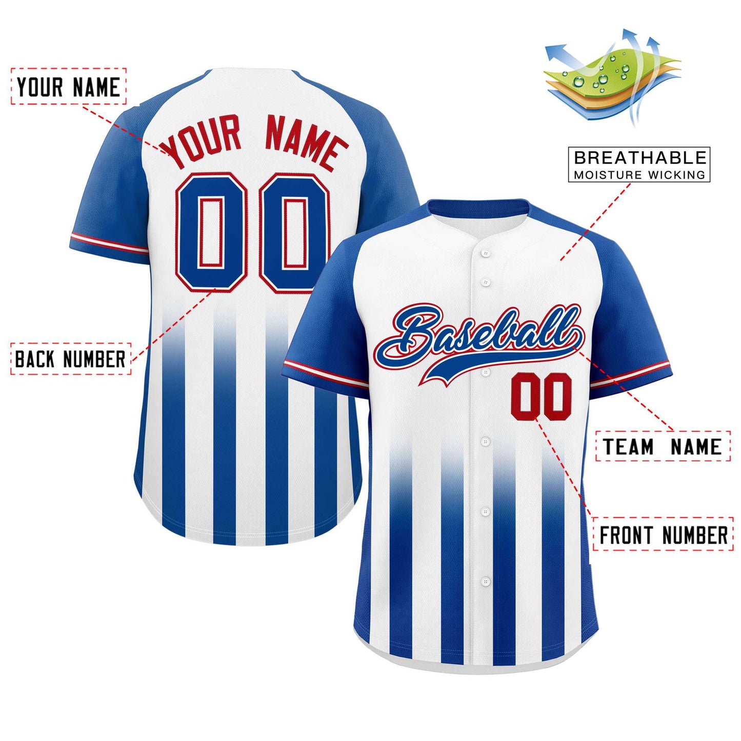 Custom White Royal Raglan Sleeves Gradient Thick Stripe Authentic Baseball Jersey