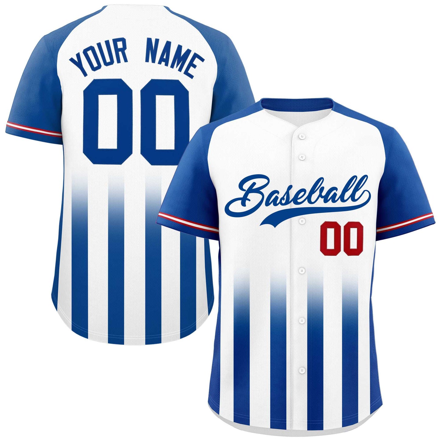 Custom White Royal Raglan Sleeves Gradient Thick Stripe Authentic Baseball Jersey