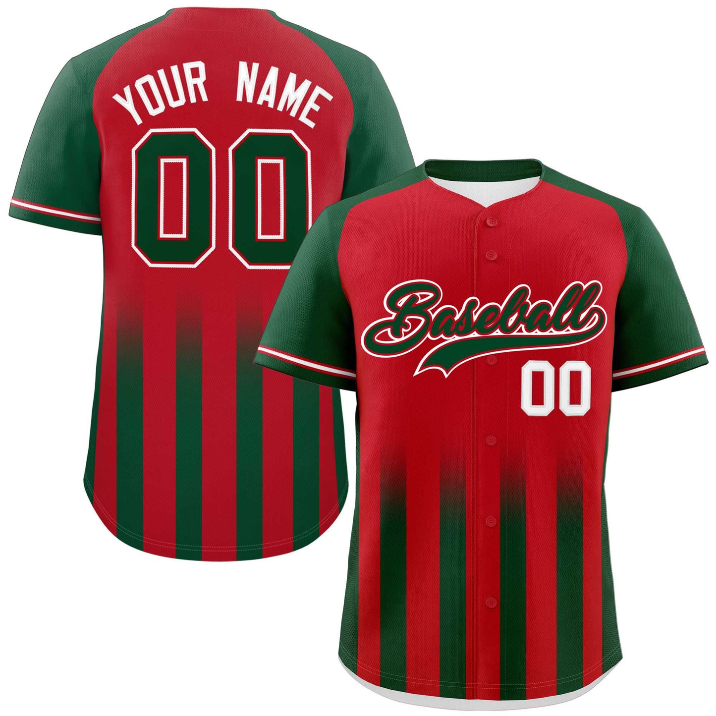 Custom Red Green Raglan Sleeves Gradient Thick Stripe Authentic Baseball Jersey