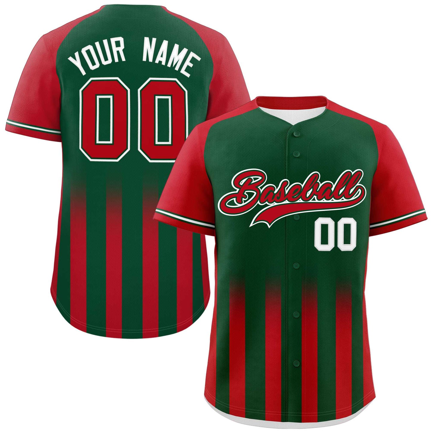 Custom Green Red Raglan Sleeves Gradient Thick Stripe Authentic Baseball Jersey