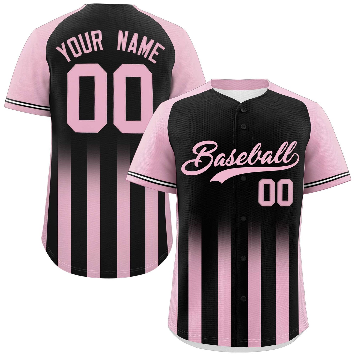 Custom Black Light Pink Raglan Sleeves Gradient Thick Stripe Authentic Baseball Jersey