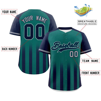 Custom Aqua Navy Raglan Sleeves Gradient Thick Stripe Authentic Baseball Jersey