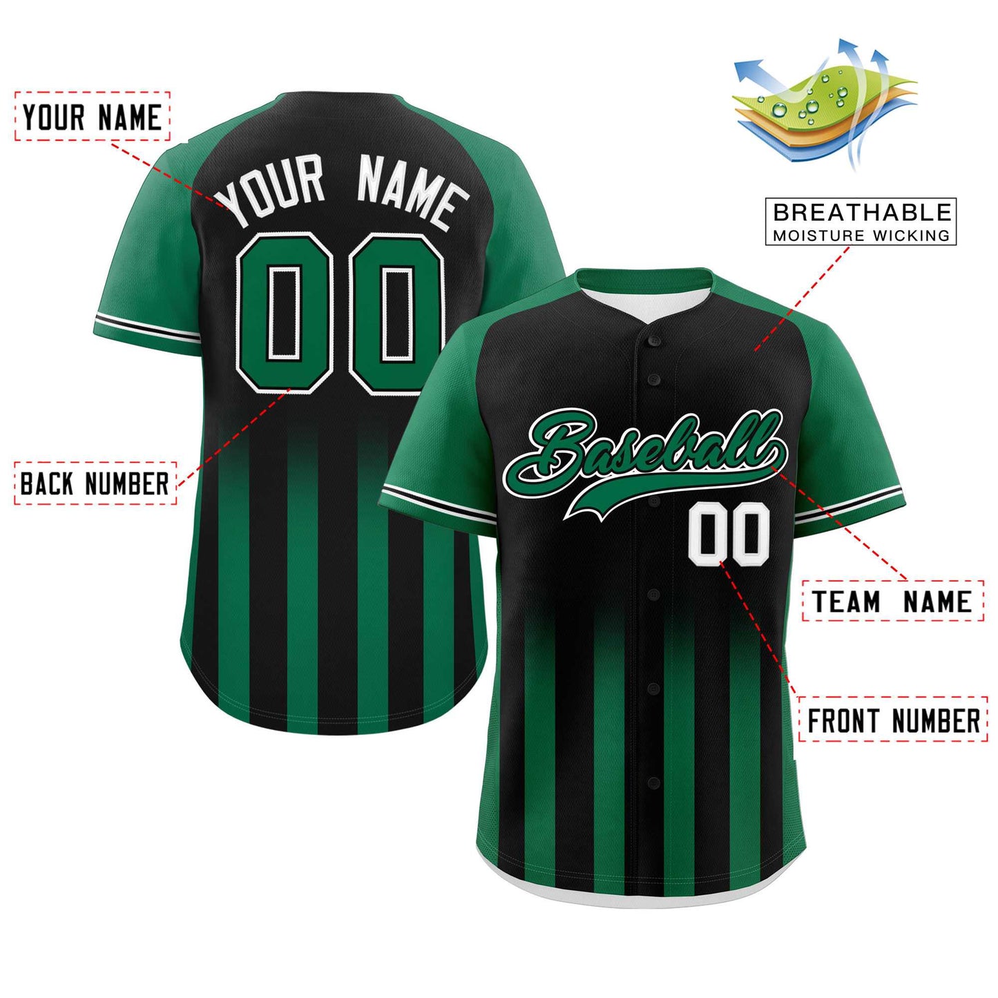 Custom Black Kelly Green Raglan Sleeves Gradient Thick Stripe Authentic Baseball Jersey