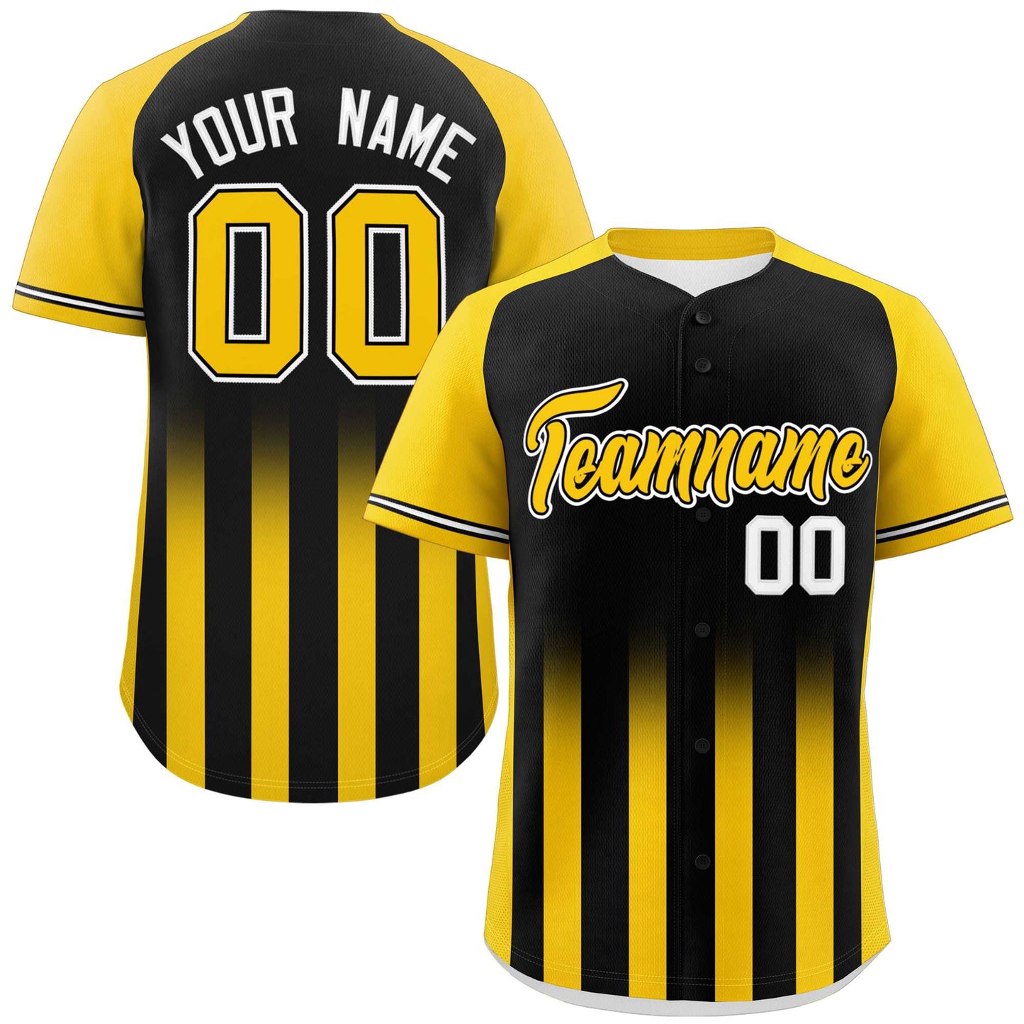 Custom Black Gold Raglan Sleeves Gradient Thick Stripe Authentic Baseball Jersey