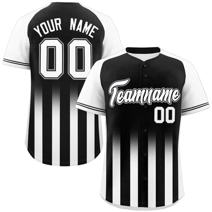 Custom Black White Raglan Sleeves Gradient Thick Stripe Authentic Baseball Jersey