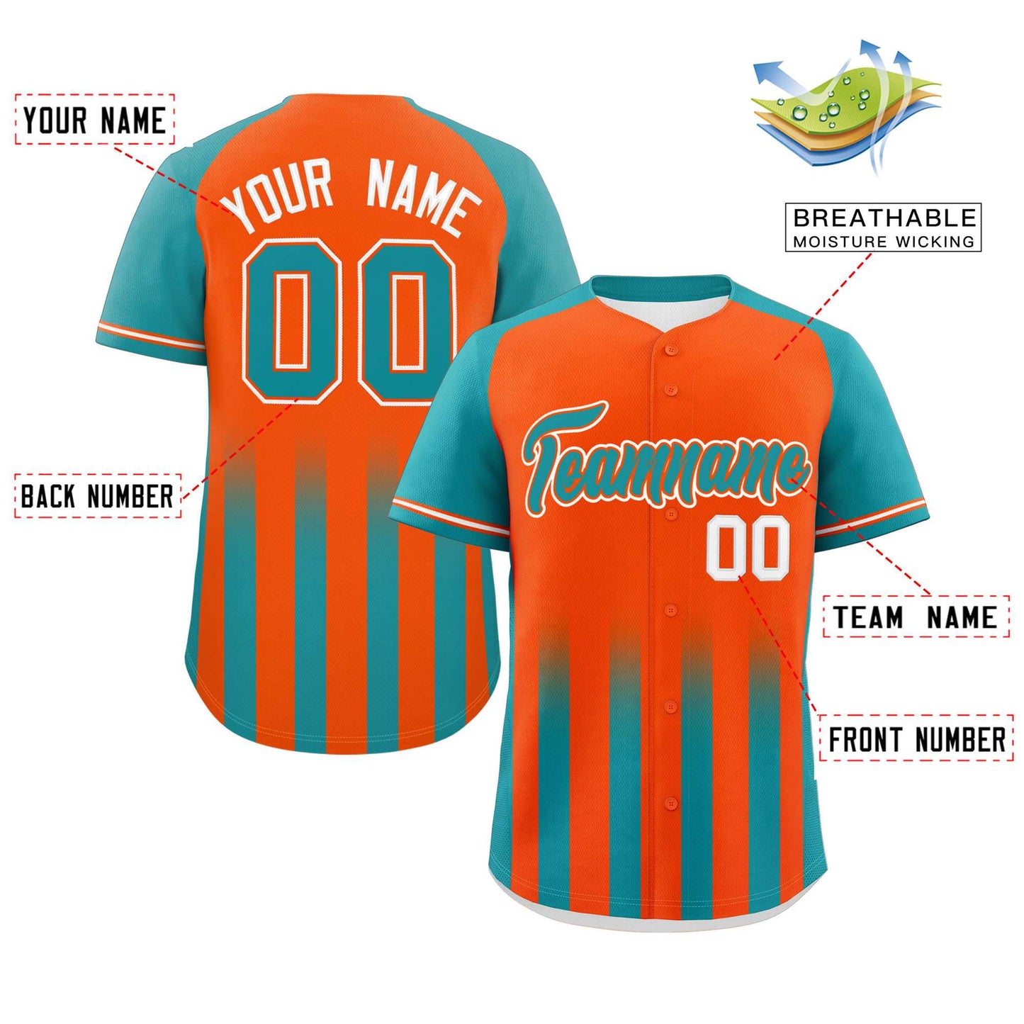 Custom Orange Aqua Raglan Sleeves Gradient Thick Stripe Authentic Baseball Jersey