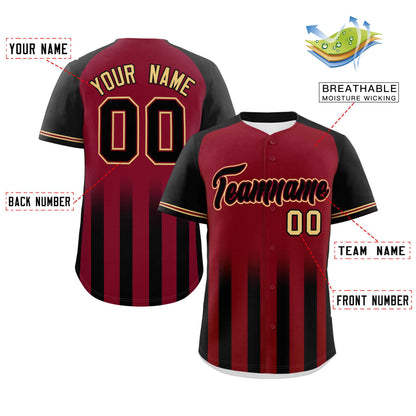 Custom Crimson Black Raglan Sleeves Gradient Thick Stripe Authentic Baseball Jersey