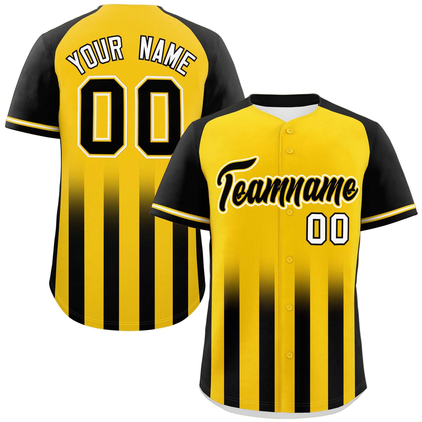 Custom Gold Black Raglan Sleeves Gradient Thick Stripe Authentic Baseball Jersey