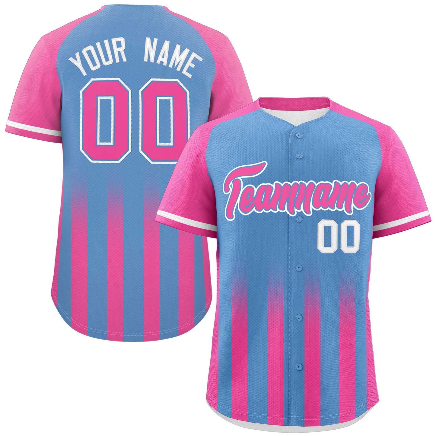 Custom Light Blue Pink Raglan Sleeves Gradient Thick Stripe Authentic Baseball Jersey