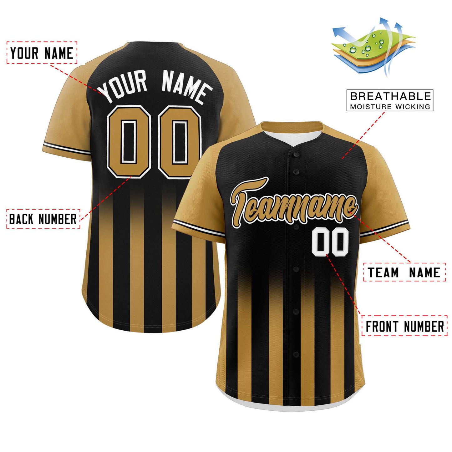 Custom Black Old Gold Raglan Sleeves Gradient Thick Stripe Authentic Baseball Jersey