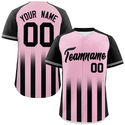 Custom Light Pink Black Raglan Sleeves Gradient Thick Stripe Authentic Baseball Jersey