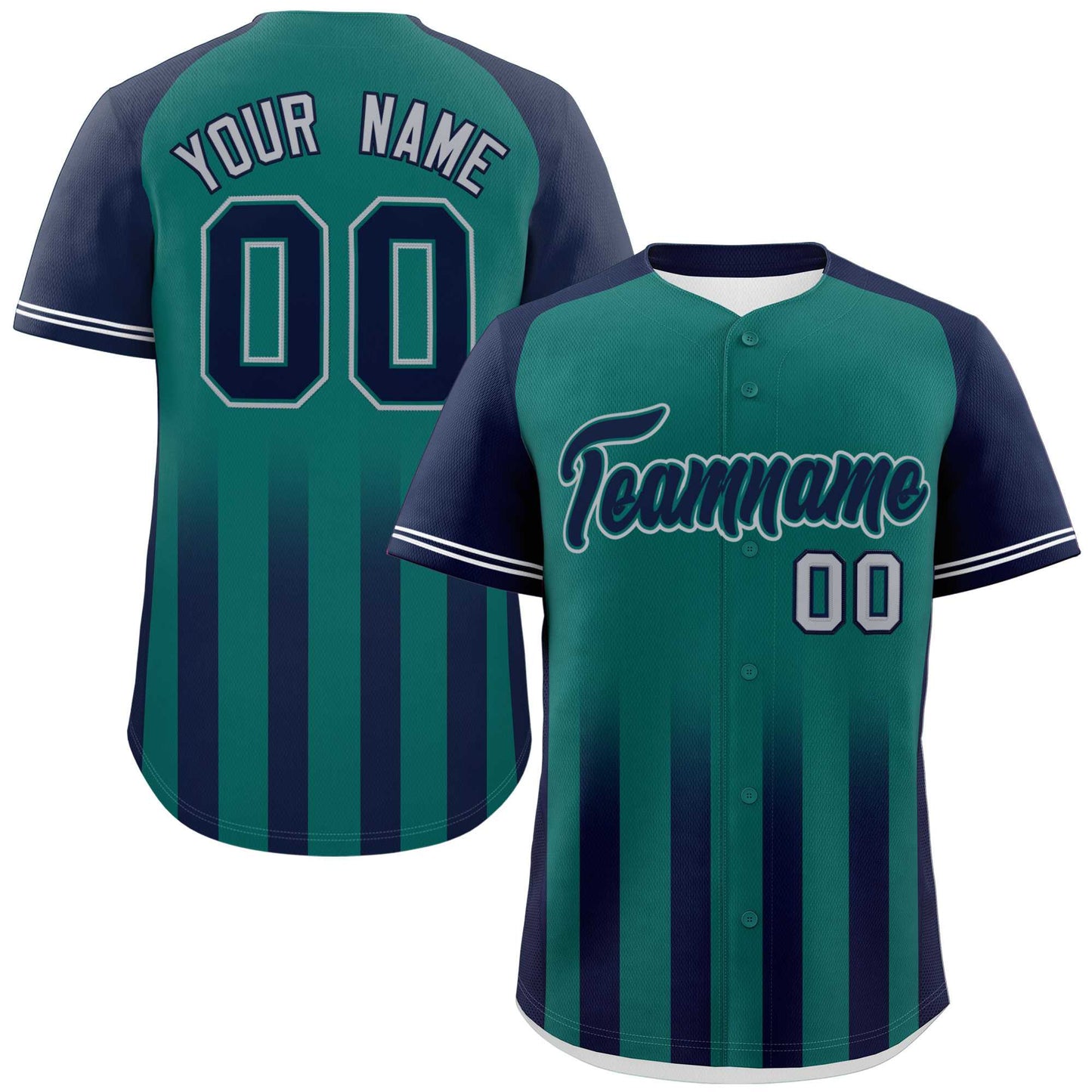 Custom Aqua Navy Raglan Sleeves Gradient Thick Stripe Authentic Baseball Jersey