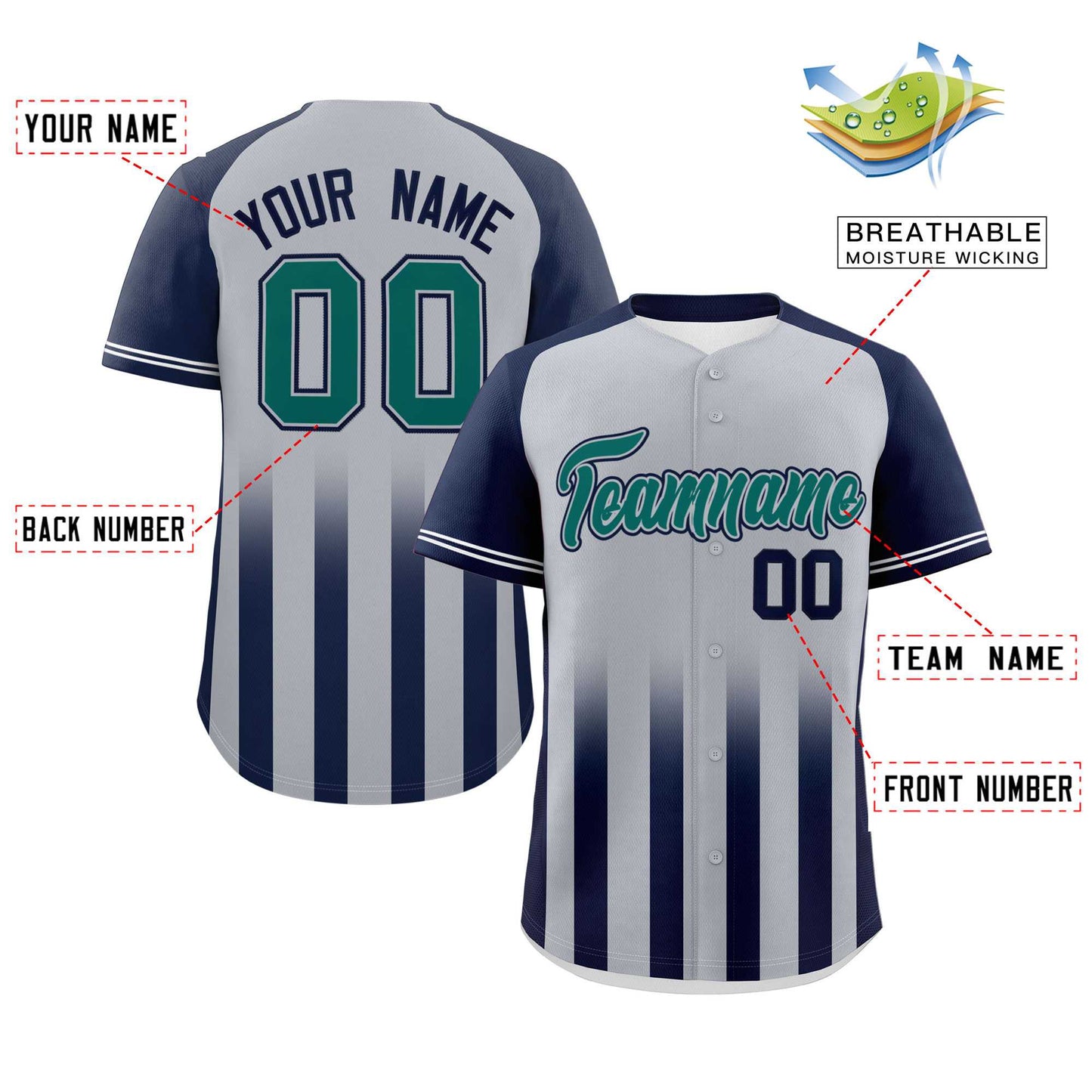 Custom Gray Navy Raglan Sleeves Gradient Thick Stripe Authentic Baseball Jersey