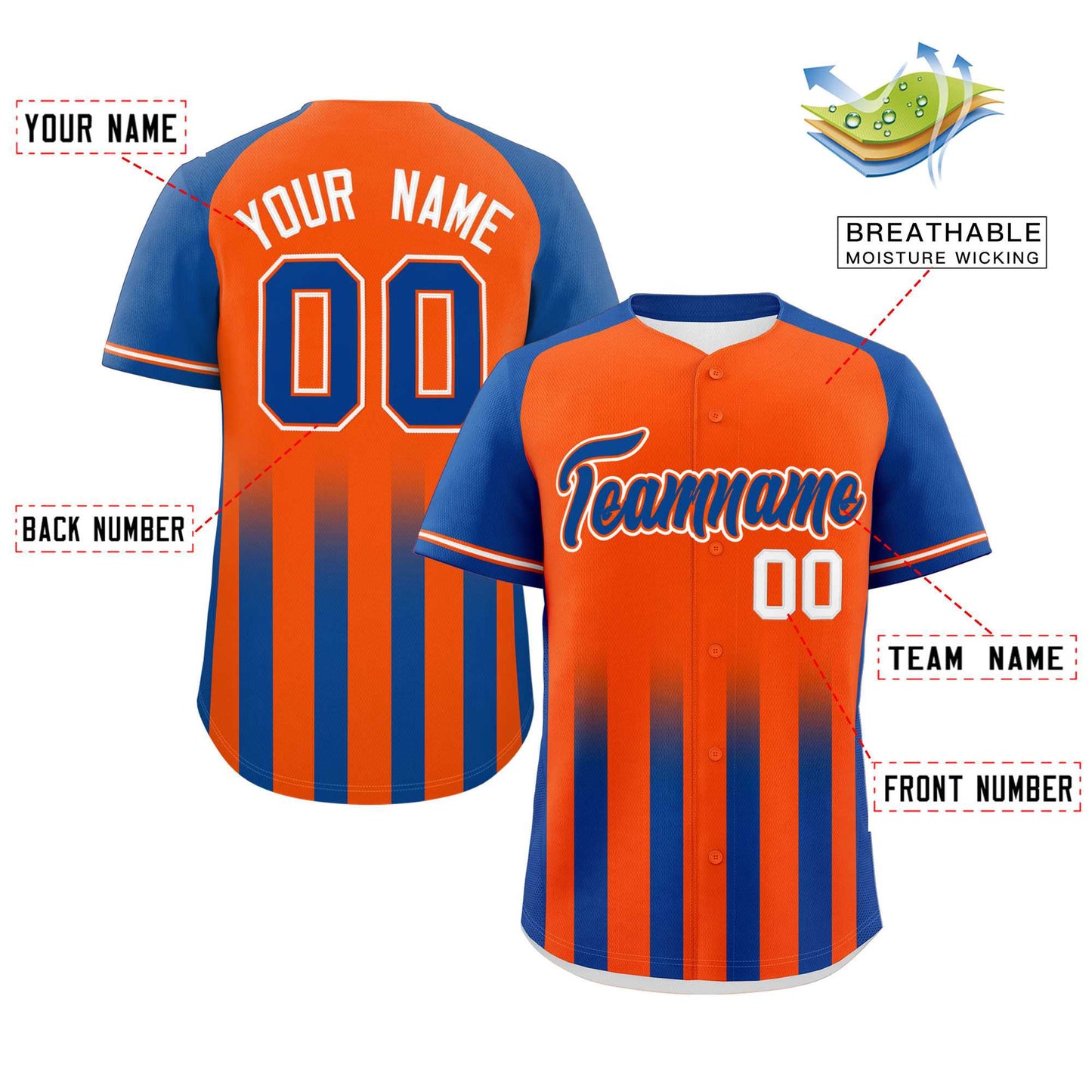 Custom Orange Royal Raglan Sleeves Gradient Thick Stripe Authentic Baseball Jersey