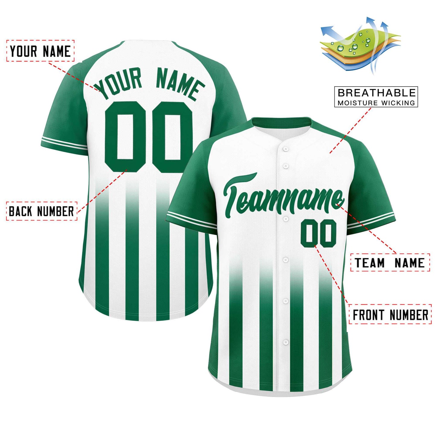 Custom White Kelly Green Raglan Sleeves Gradient Thick Stripe Authentic Baseball Jersey