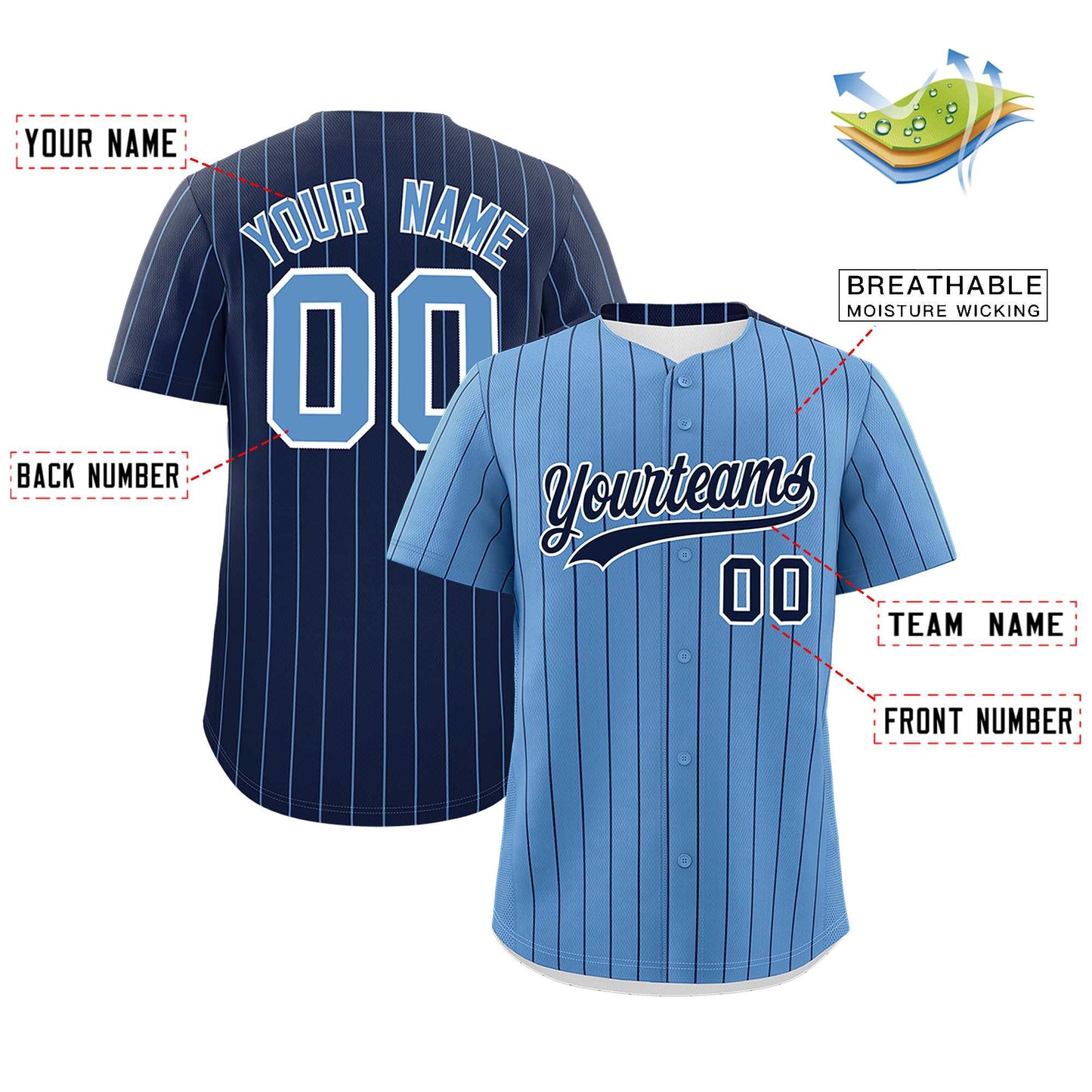 Custom Light Blue Navy Pinstripe Personalized Two-Tone Authentic Baseball Jersey