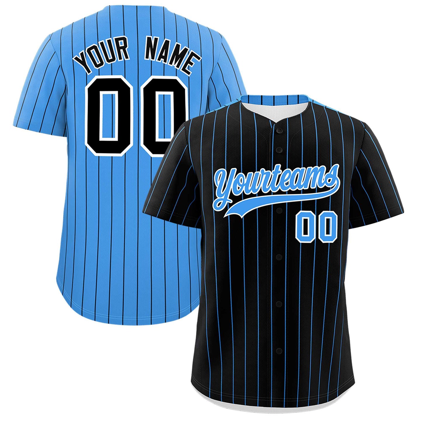 Custom Black Powder Blue Pinstripe Personalized Two-Tone Authentic Baseball Jersey