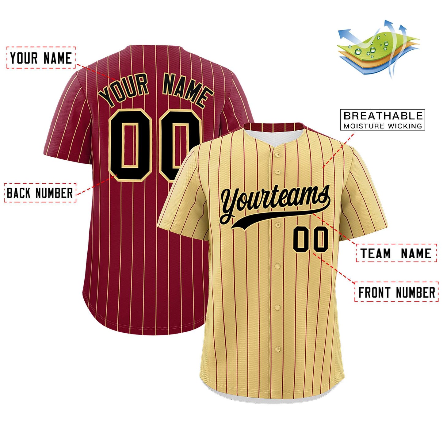 Custom Khaki Crimson Pinstripe Personalized Two-Tone Authentic Baseball Jersey