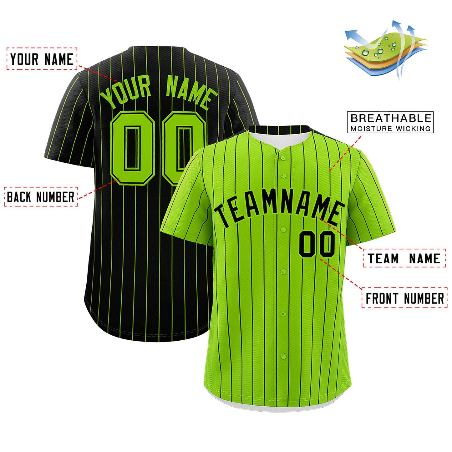 Custom Neon Green Black Pinstripe Personalized Two-Tone Authentic Baseball Jersey