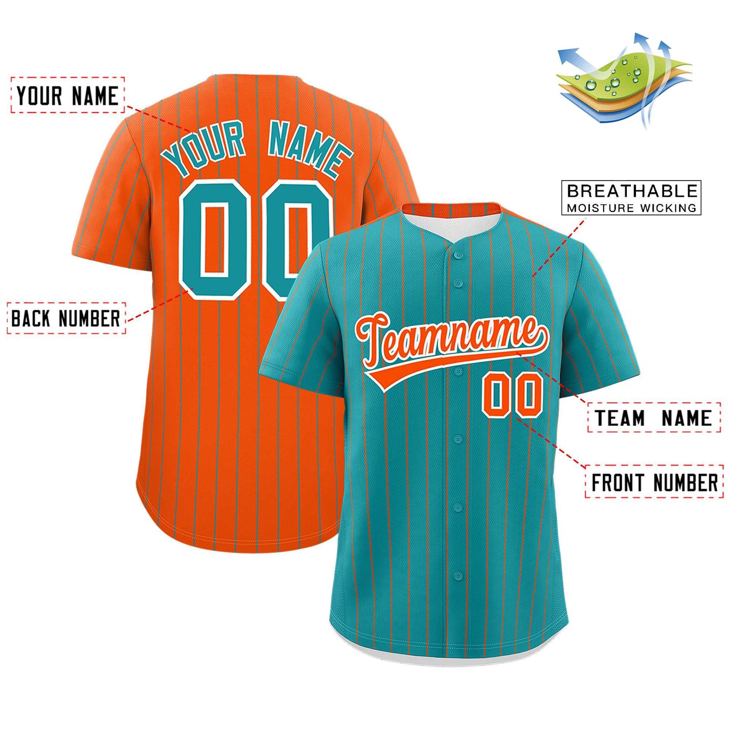 Custom Aqua Orange Pinstripe Personalized Two-Tone Authentic Baseball Jersey