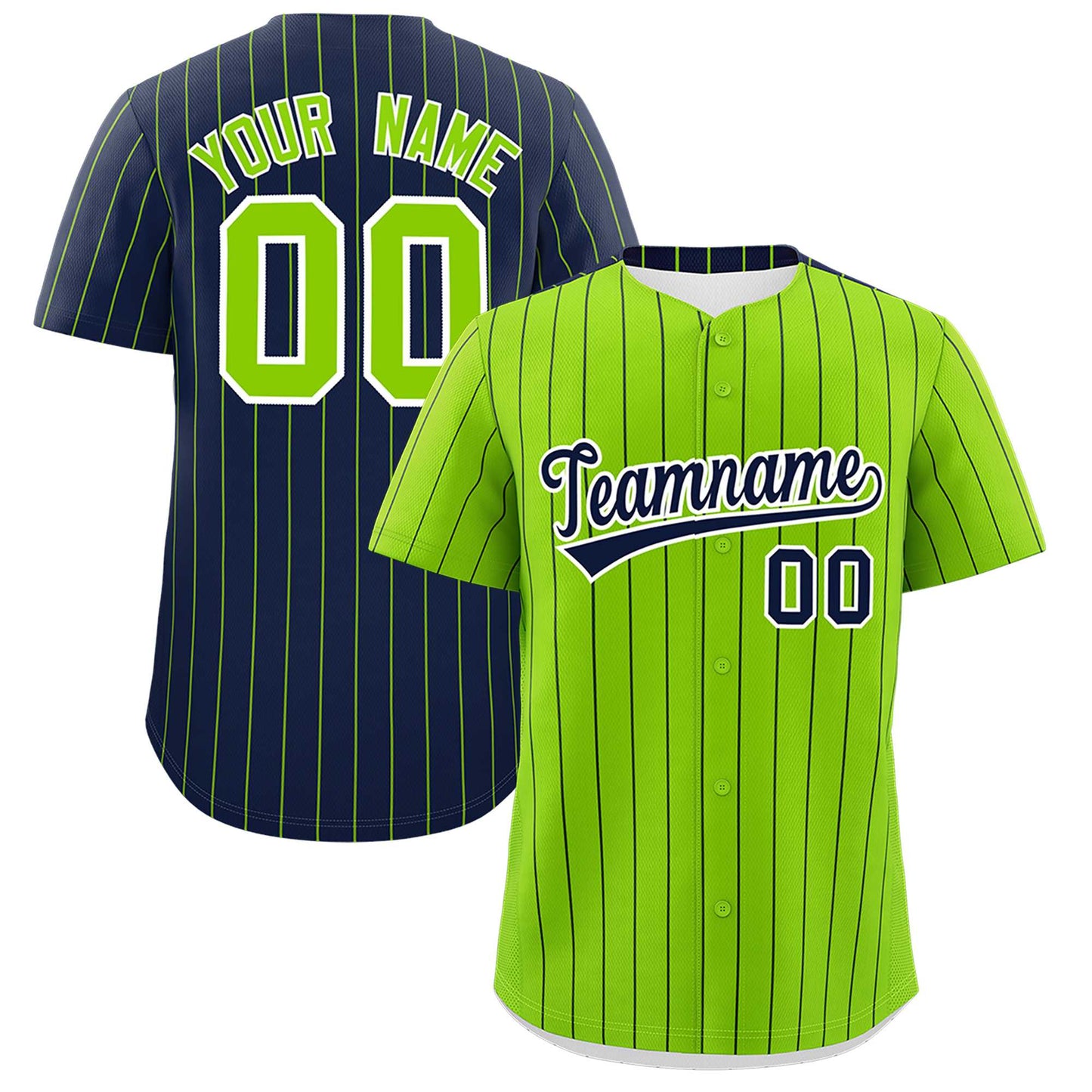 Custom Neon Green Navy Pinstripe Personalized Two-Tone Authentic Baseball Jersey