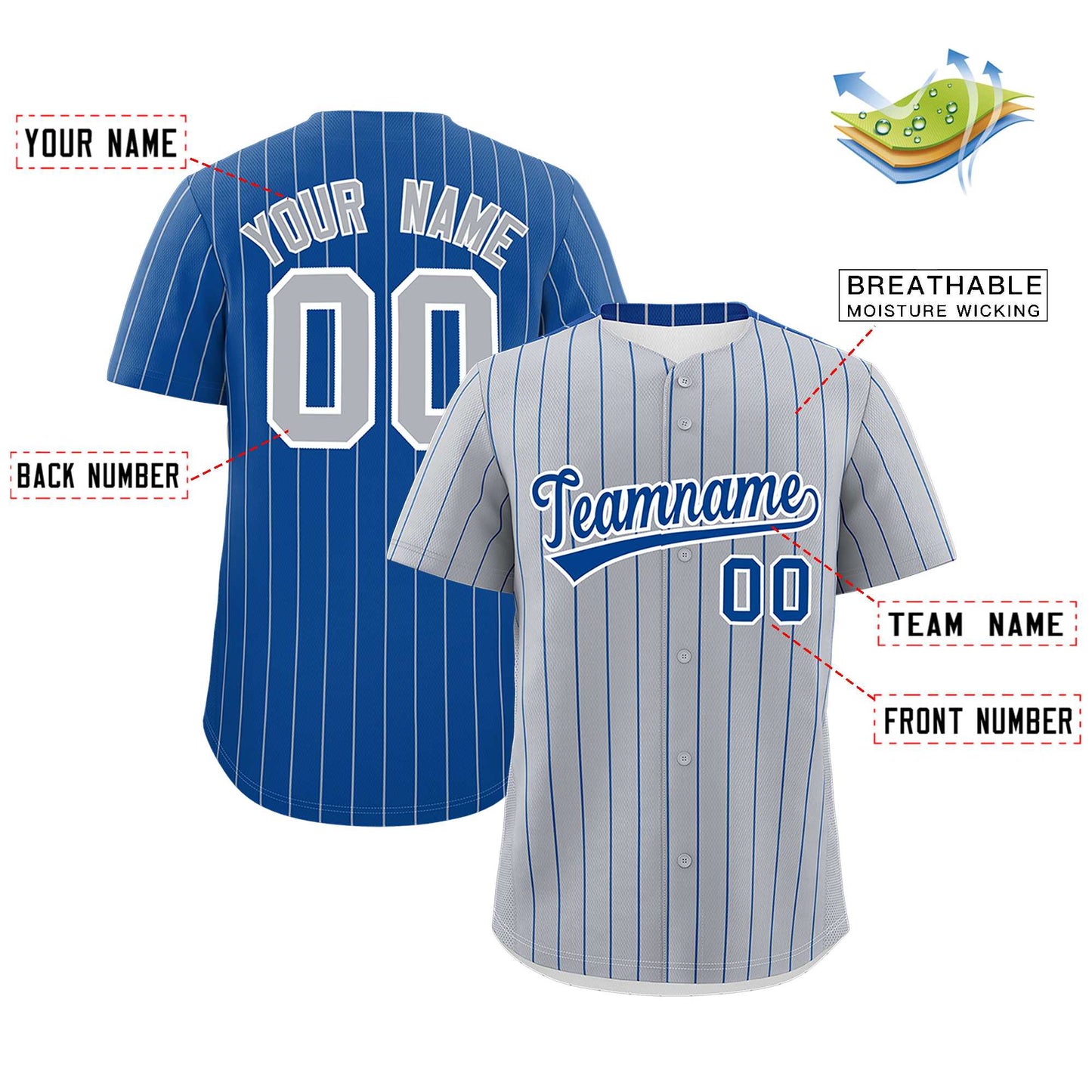 Custom Gray Royal Pinstripe Personalized Two-Tone Authentic Baseball Jersey