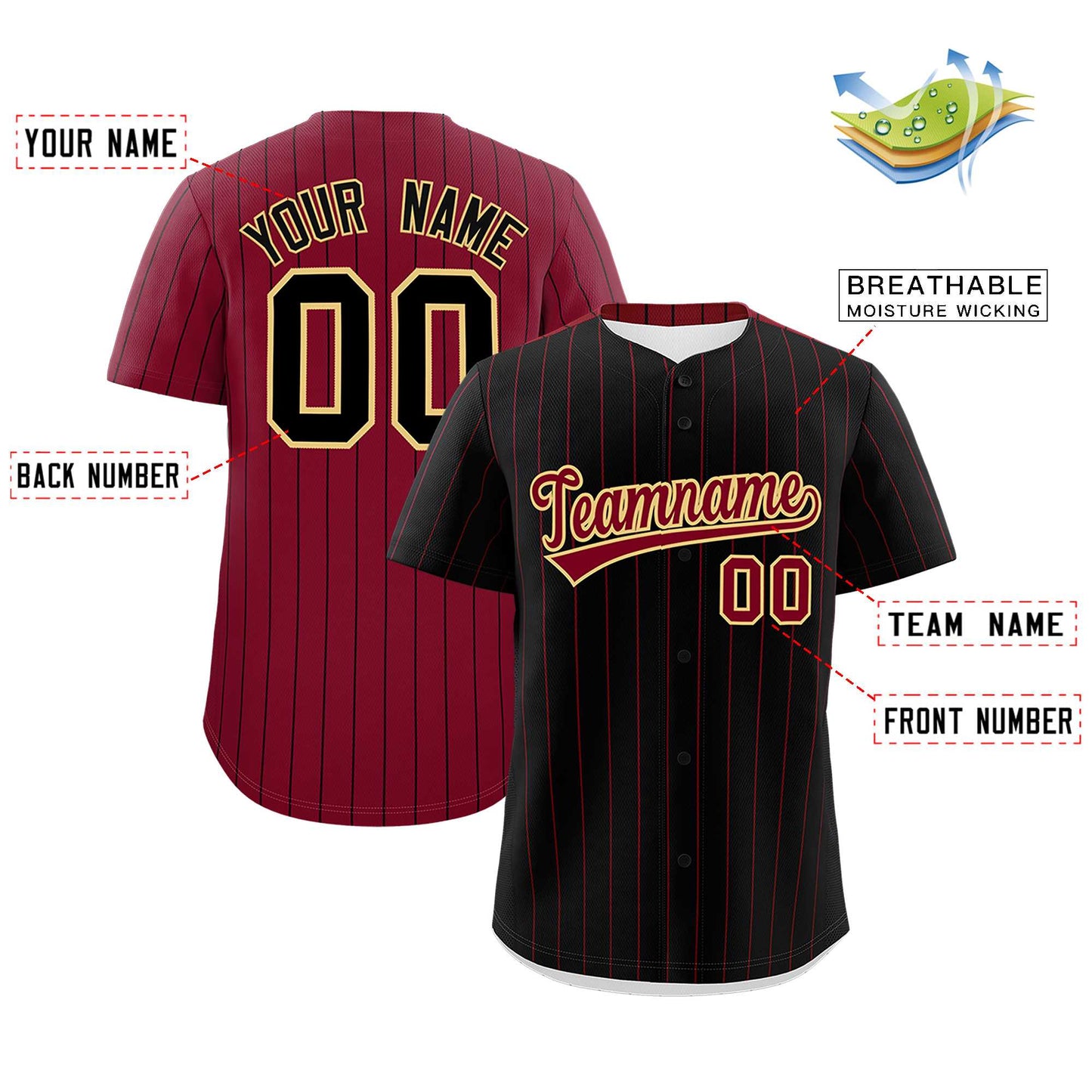 Custom Black Crimson Pinstripe Personalized Two-Tone Authentic Baseball Jersey