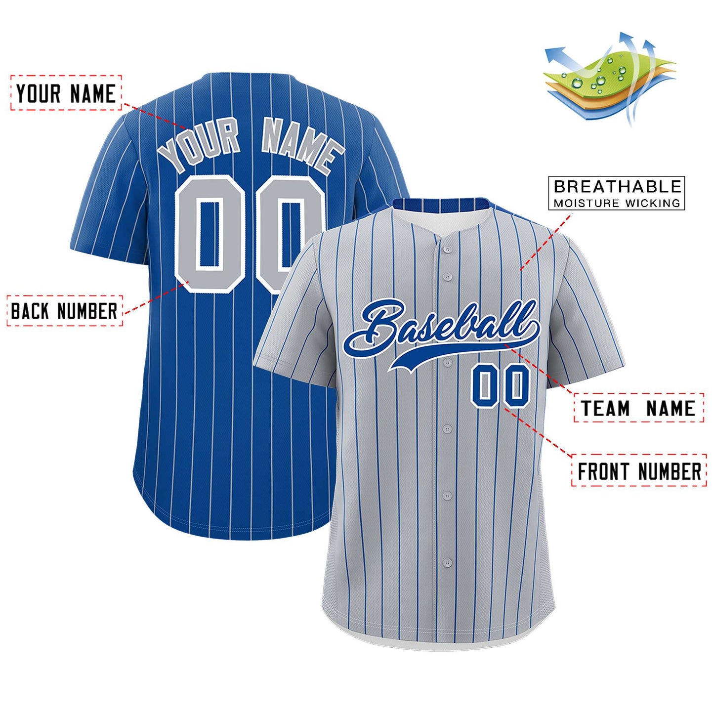 Custom Gray Royal Pinstripe Personalized Two-Tone Authentic Baseball Jersey