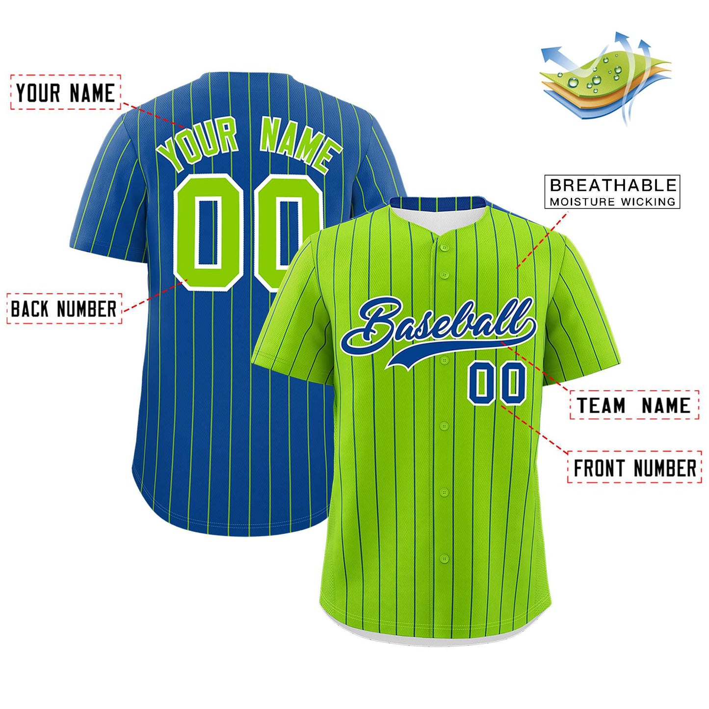 Custom Neon Green Royal Pinstripe Personalized Two-Tone Authentic Baseball Jersey