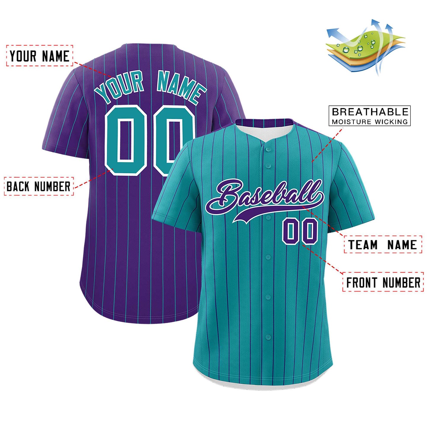 Custom Teal Purple Pinstripe Personalized Two-Tone Authentic Baseball Jersey