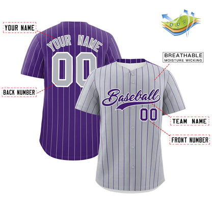 Custom Gray Purple Pinstripe Personalized Two-Tone Authentic Baseball Jersey