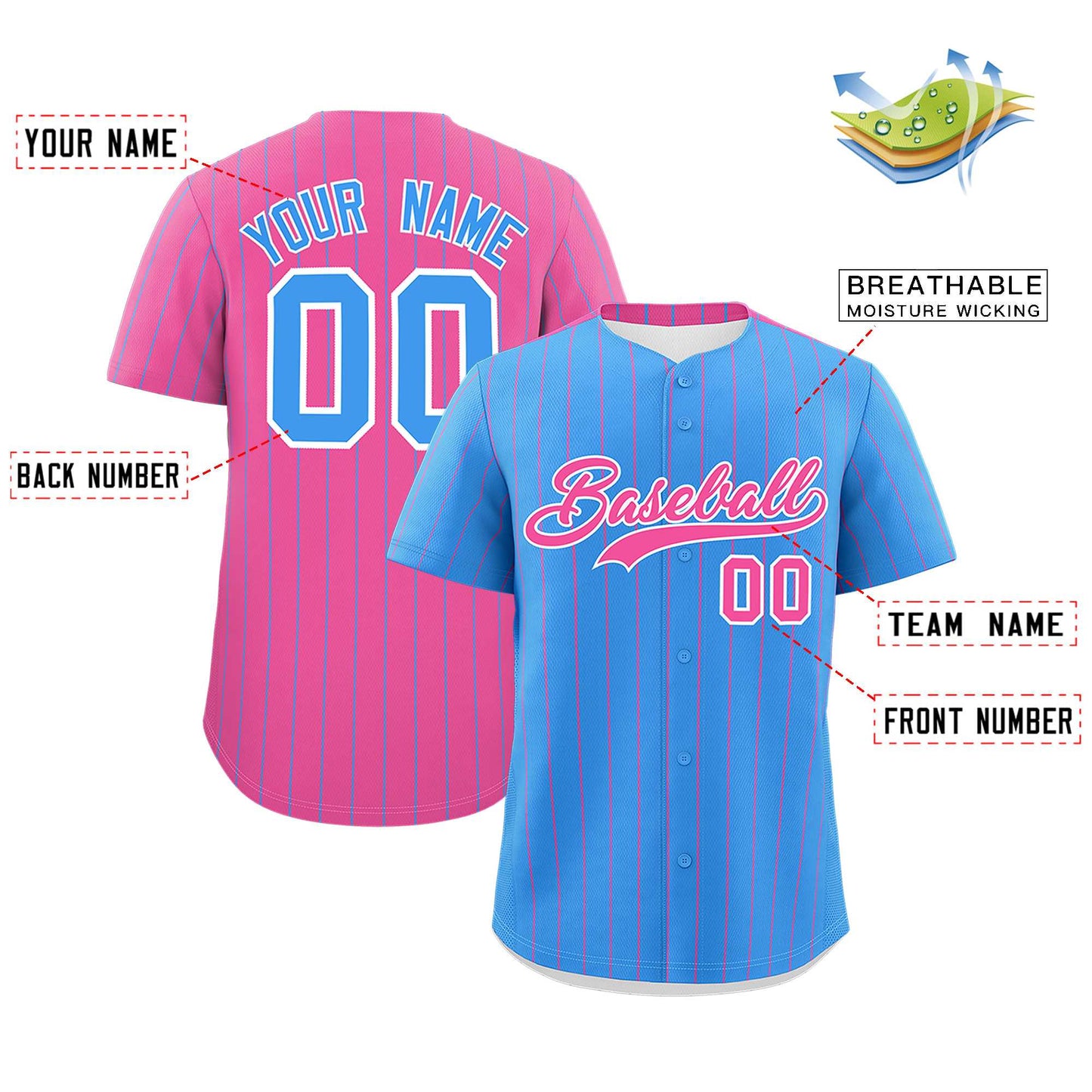 Custom Powder Blue Pink Pinstripe Personalized Two-Tone Authentic Baseball Jersey